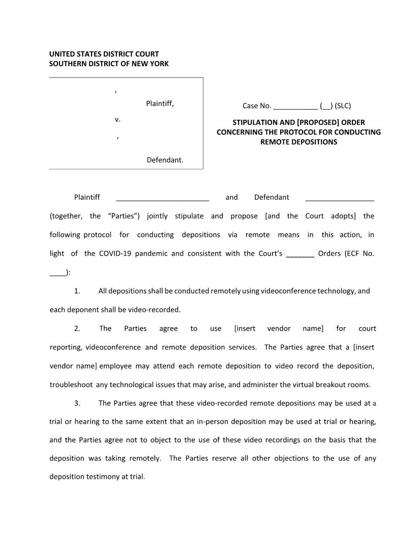 Stipulation And Proposed Order Protocol For Remote Depositions (Mag. Judge Cave) {SDNY SPOPRDSLC} | Pdf Fpdf Docx | New York