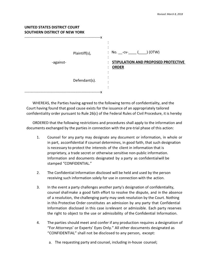 Stipulation And Proposed Protective Order (Mag. Judge Wang) {SDNY SPPOOTW} | Pdf Fpdf Docx | New York