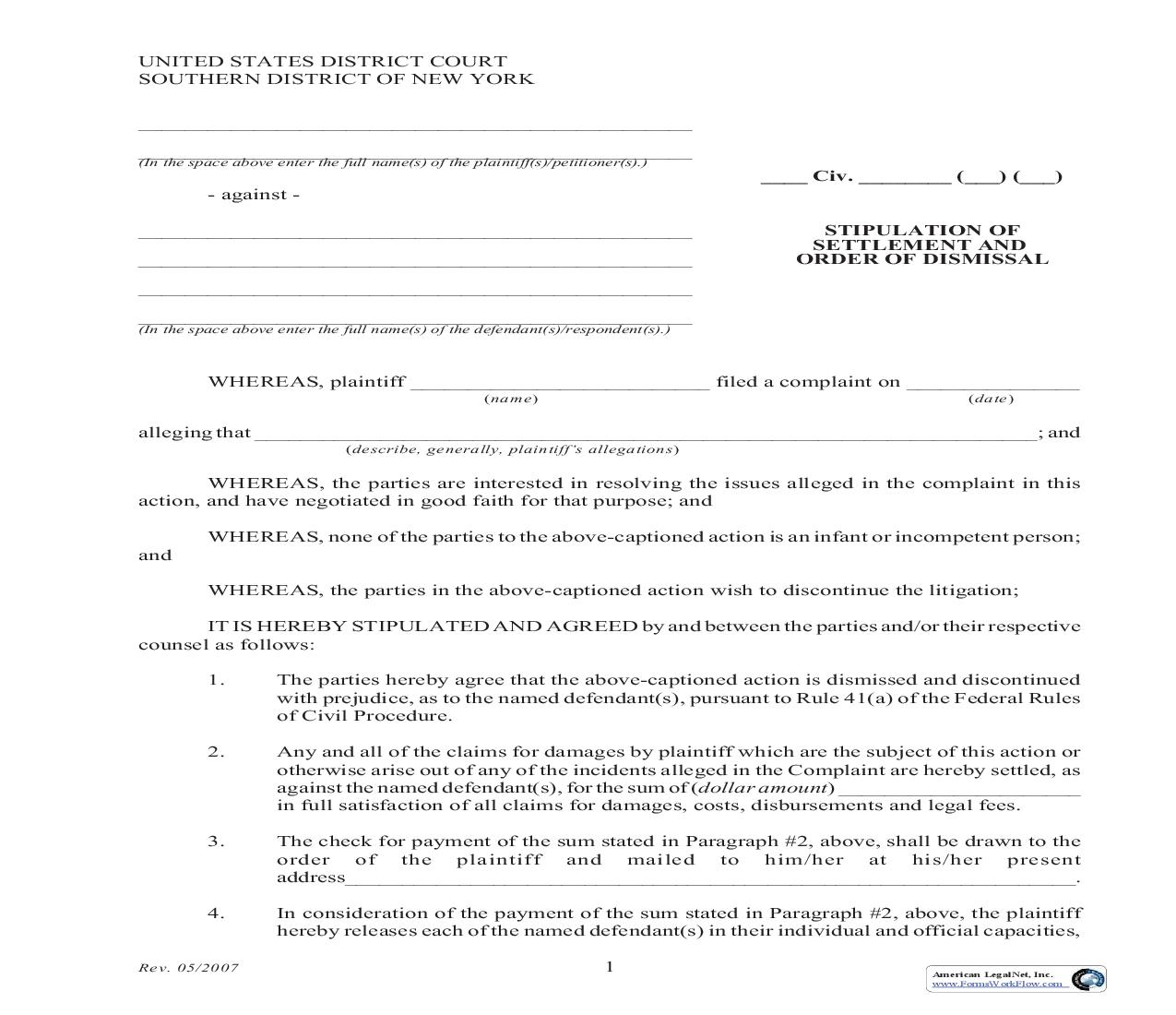 Stipulation Of Settlement And Order Of Dismissal | Pdf Fpdf Doc Docx | New York