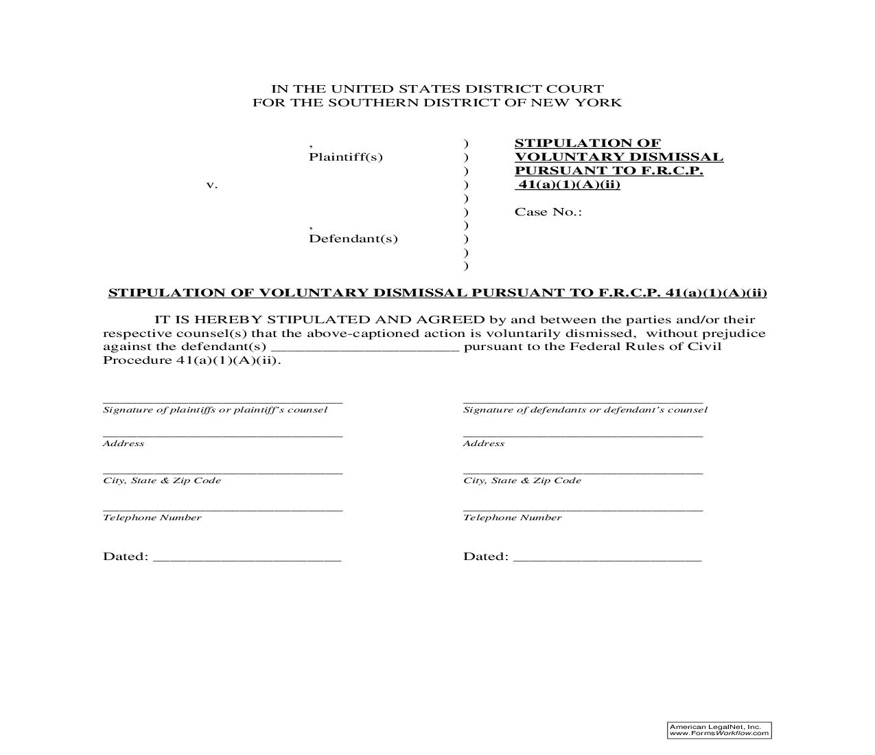 Stipulation Of Voluntary Dismissal Pursuant To FRCP 41(a)(1)(A)(ii) | Pdf Fpdf Doc Docx | New York