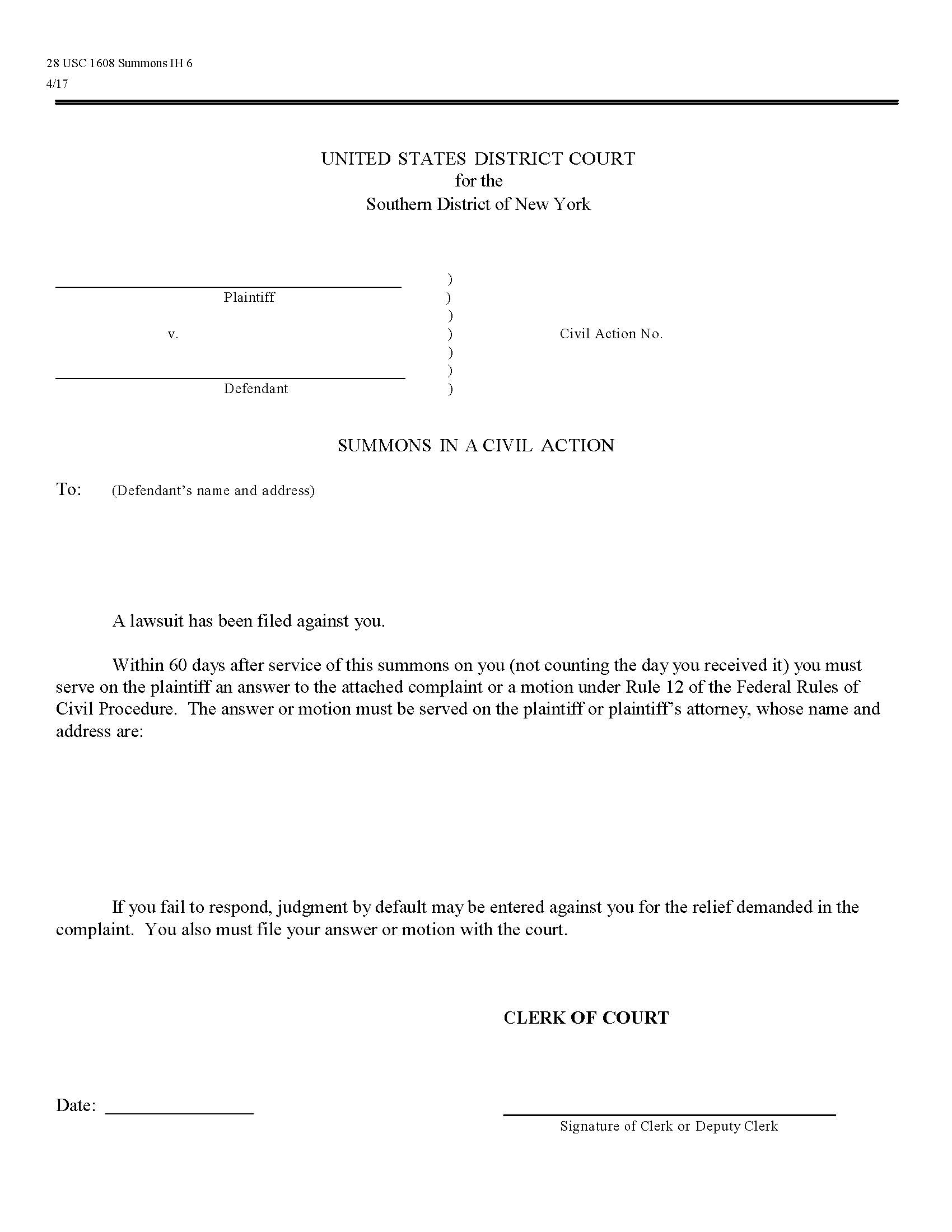 Summons In A Civil Action (28 USC 1608) {SDNY SiCA} | Pdf Fpdf Doc Docx | New York
