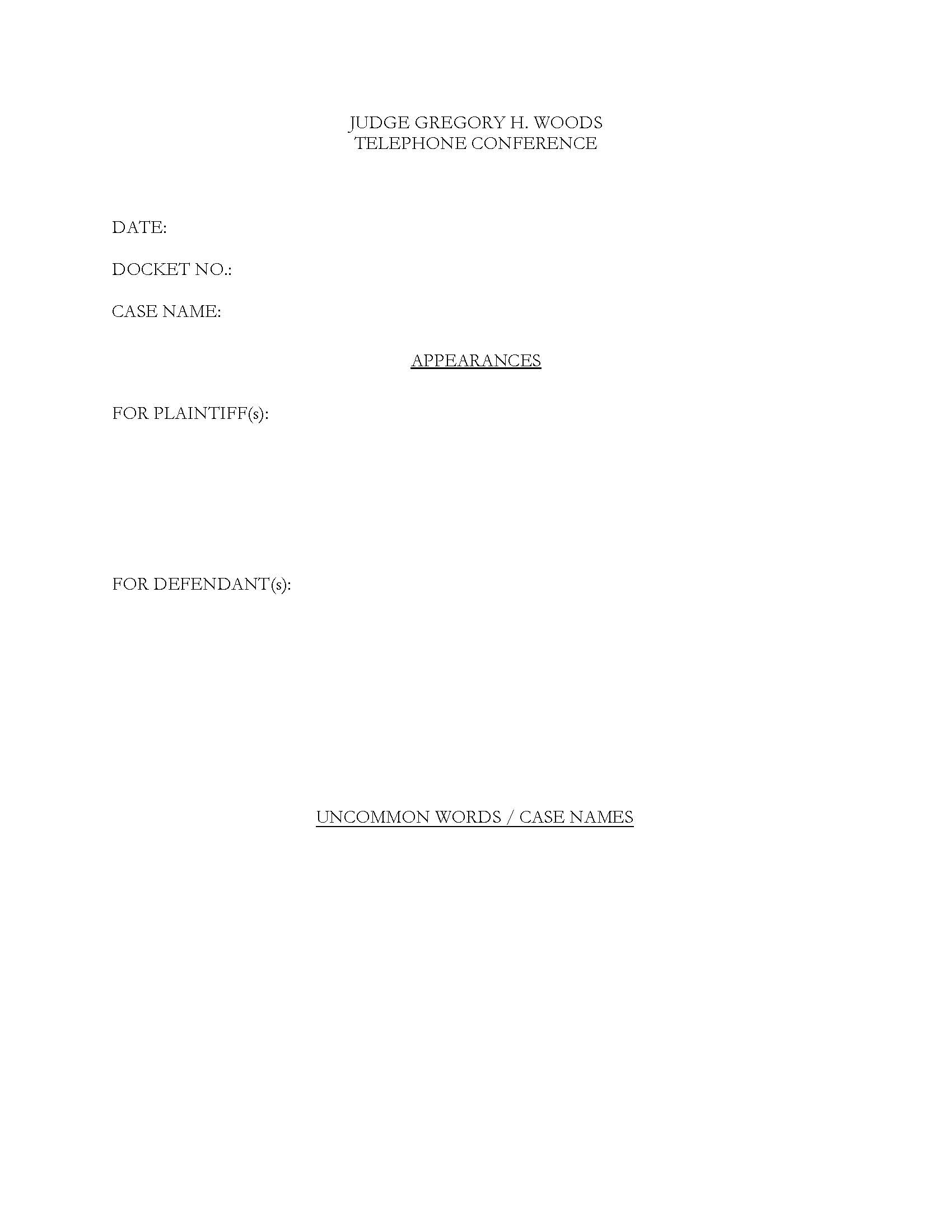 Telephone Conference Appearance Sheet (Judge Woods) | Pdf Fpdf Docx | New York