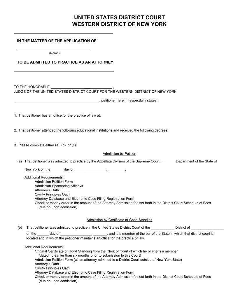 Application To Be Admitted To Practice As An Attorney {NYWD AdmApp} | Pdf Fpdf Docx | New York