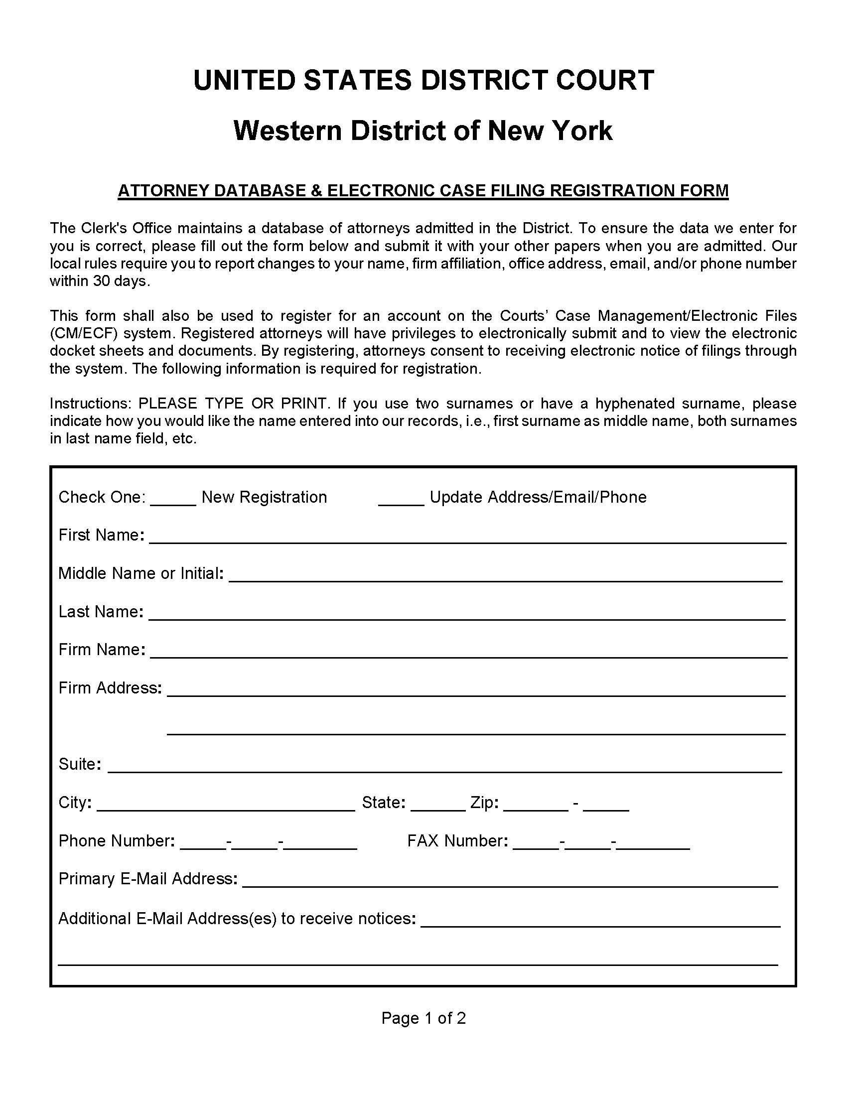 Attorney Database And Electronic Case Filing Registration Form | Pdf Fpdf Doc Docx | New York