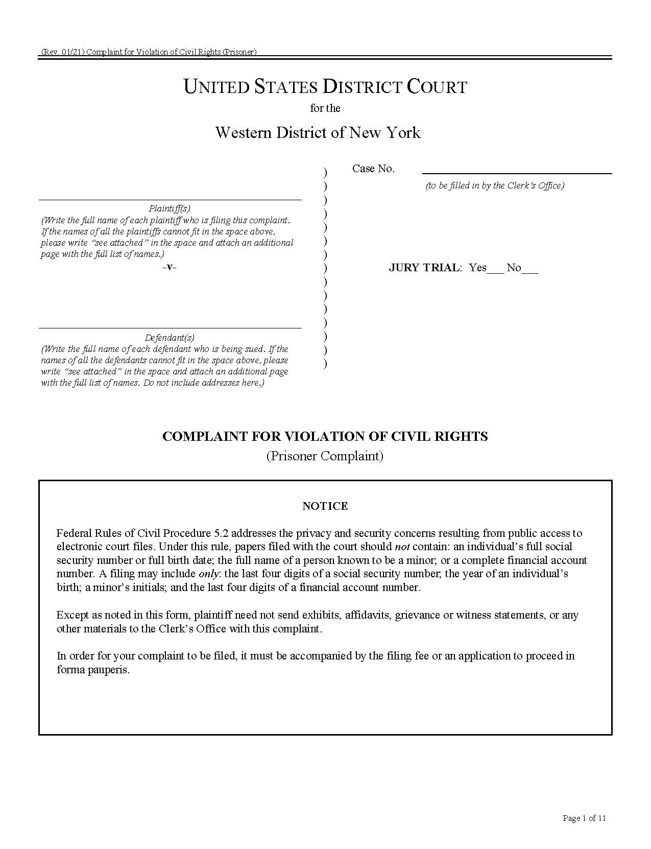 Complaint For Violation Of Civil Rights (Prisoner Complaint) | Pdf Fpdf Doc Docx | New York