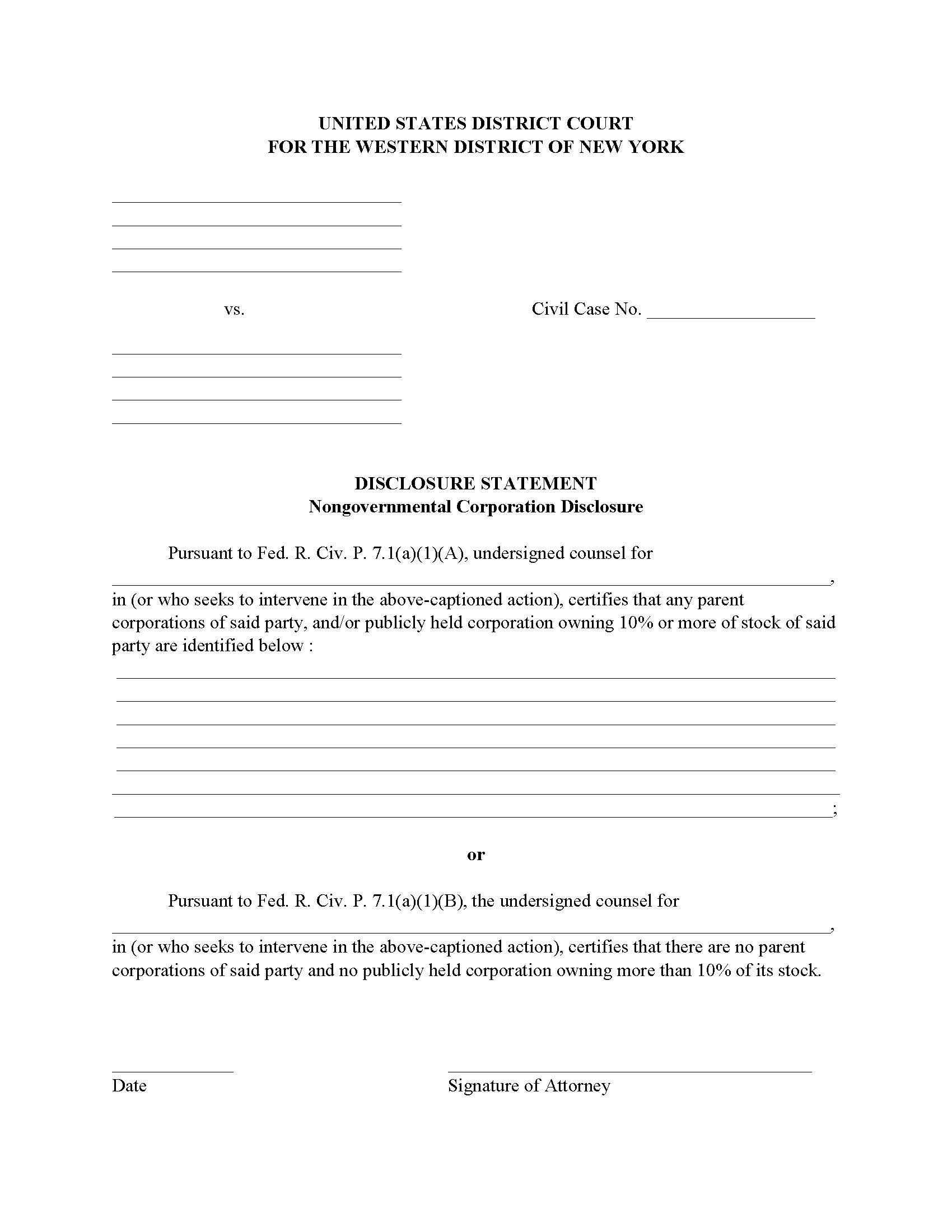 Disclosure Statement Nongovernmental Corporation Disclosure {NYWD DS-NCD} | Pdf Fpdf Docx | New York