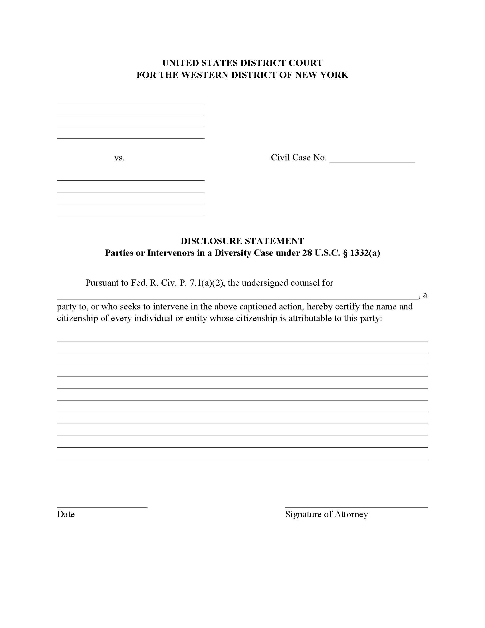 Disclosure Statement Parties Or Intervenors In Diversity Case {NYWD DS-PIDC} | Pdf Fpdf Docx | New York