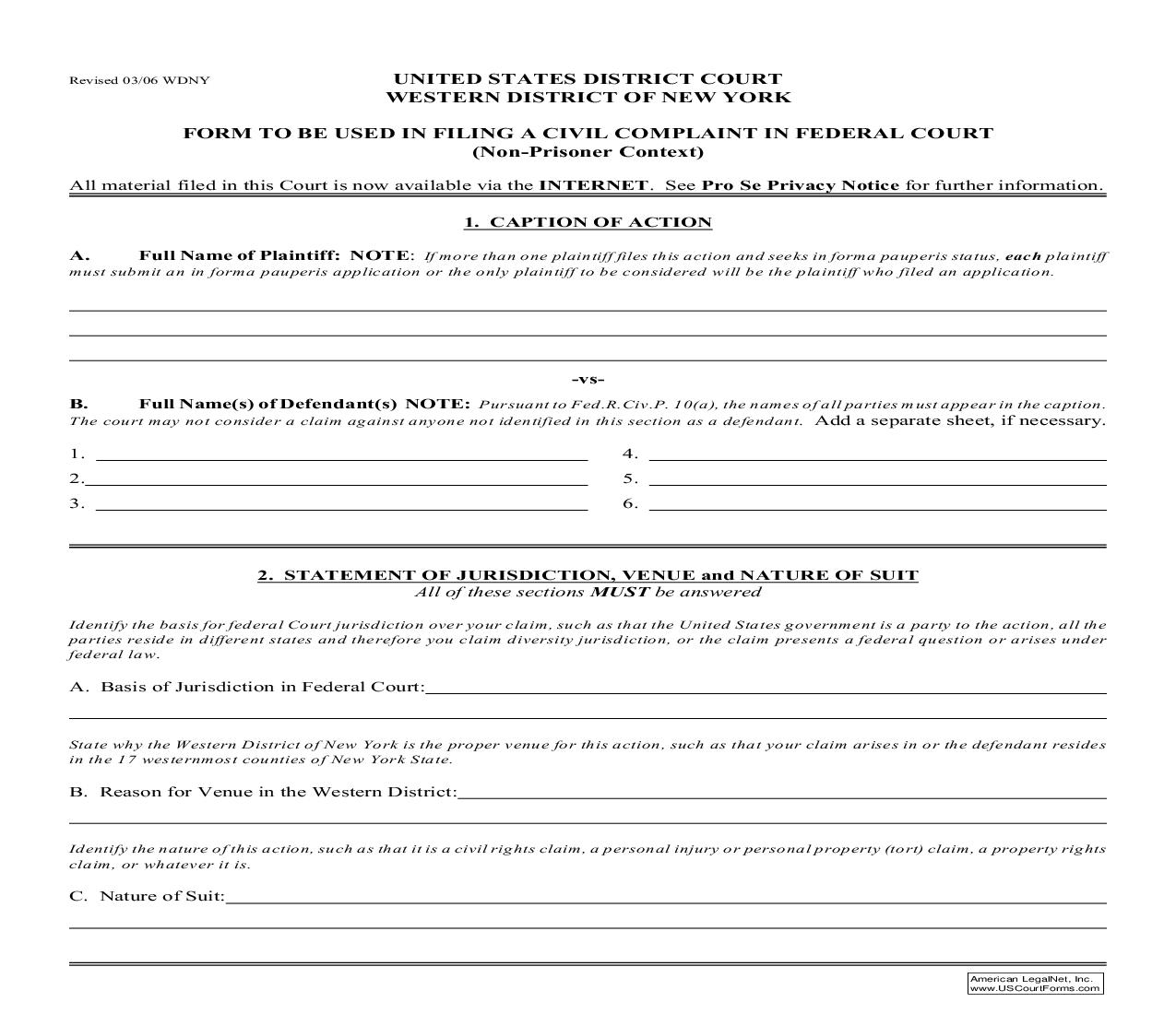 Form To Be Used In Filing Civil Complaint In Federal Court (Non Prisoner Complaint Form) | Pdf Fpdf Doc Docx | New York