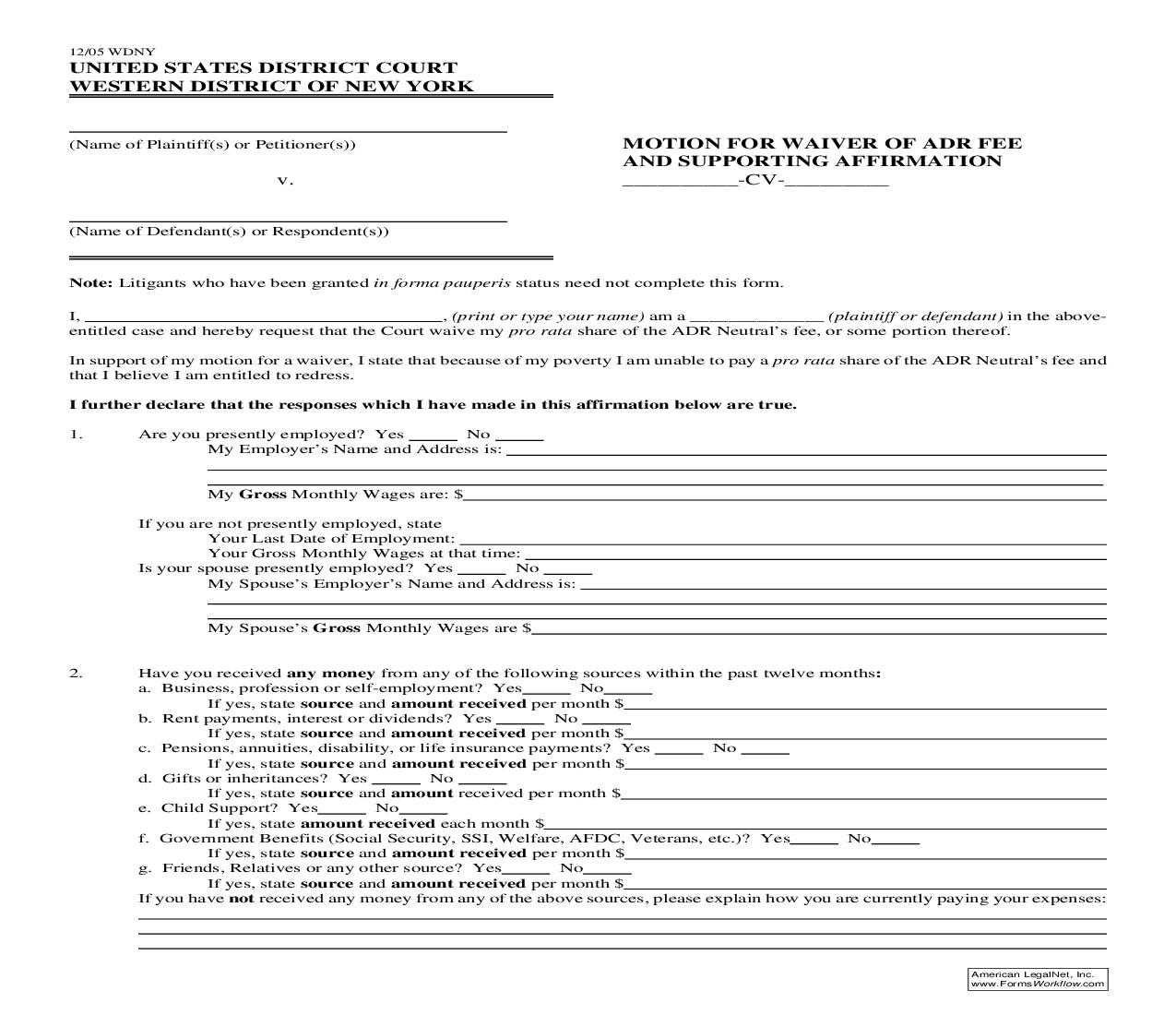 Motion For Waiver Of ADR Fee And Supporting Affirmation | Pdf Fpdf Doc Docx | New York