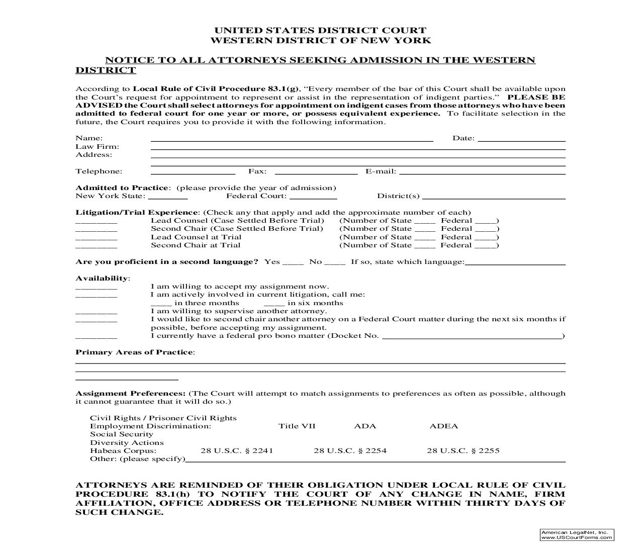 Notice To All Attorneys Seeking Admittance (Pro Bono Form) | Pdf Fpdf Doc Docx | New York