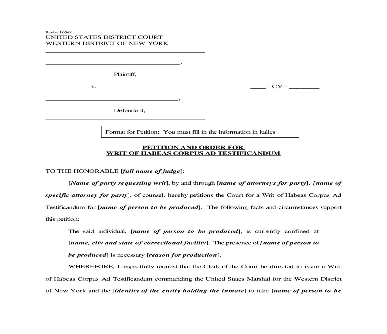 Petition And Order For Writ Of Habeas Corpus Ad Testificandum | Pdf Fpdf Doc Docx | New York