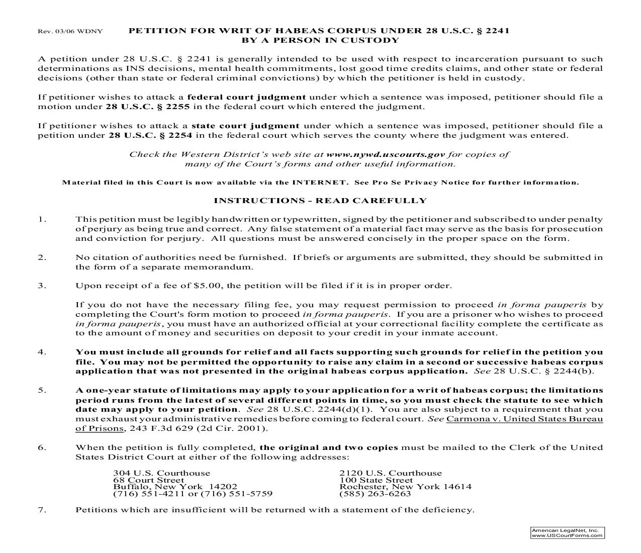 Petition For Writ Of Habeas Corpus Under 28 USC 2241 By Person In Custody | Pdf Fpdf Doc Docx | New York