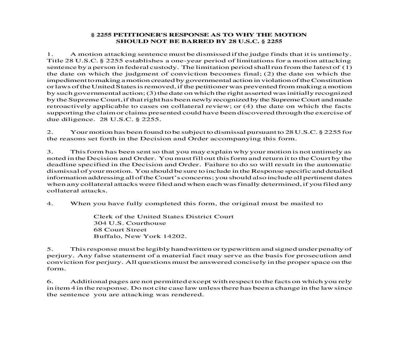 Petitioners Response As To Why Motion Should Not Be Barred By 28 USC 2255 | Pdf Fpdf Doc Docx | New York