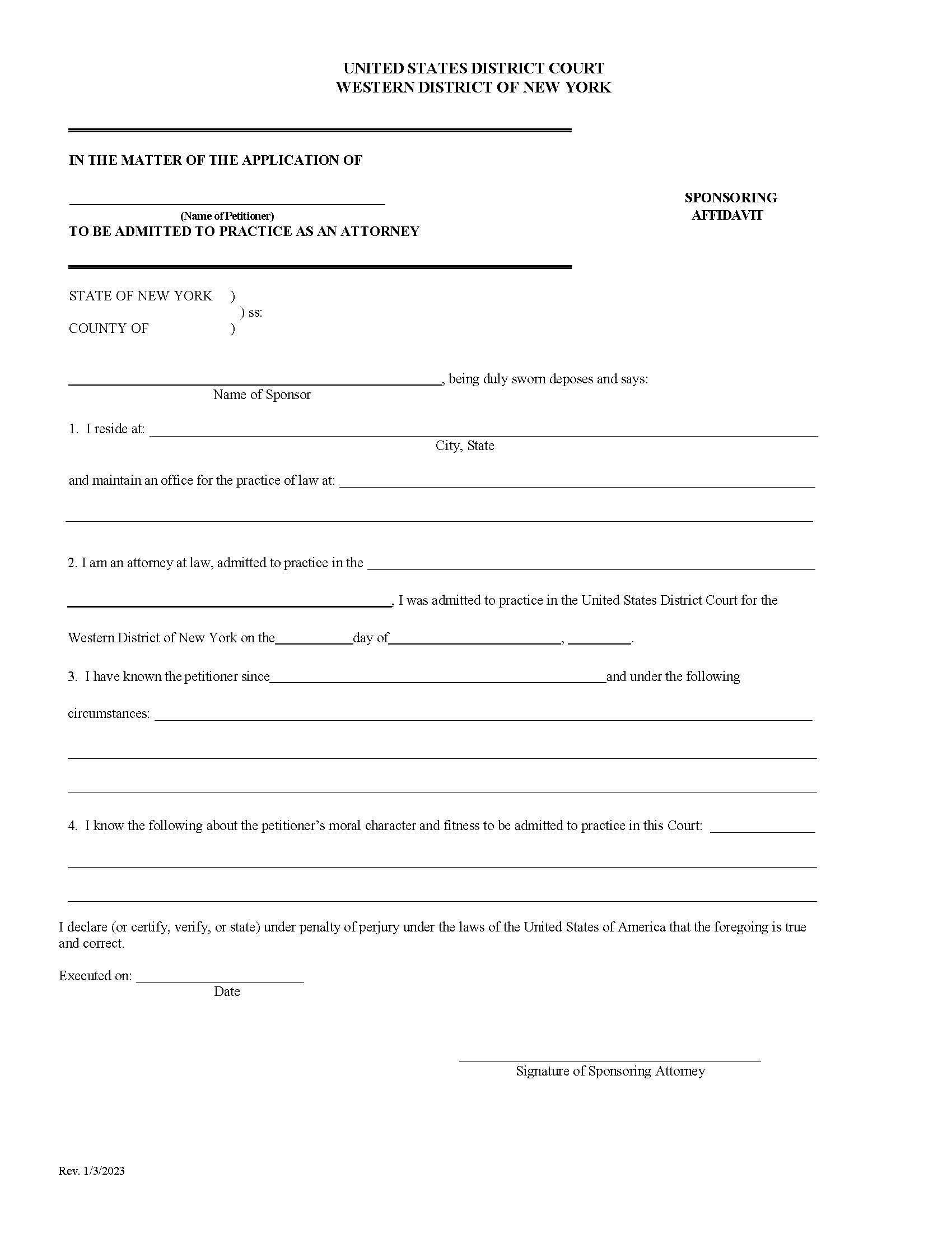 Sponsoring Affidavit (Attorney Admission) {NYWD SAAA} | Pdf Fpdf Doc Docx | New York