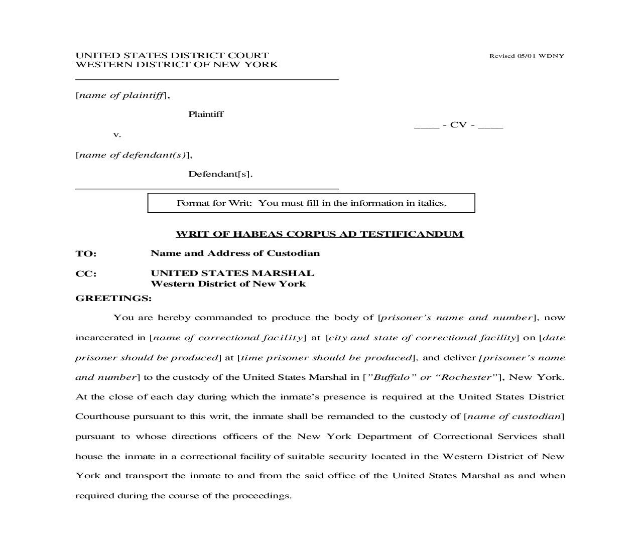 Writ Of Habeas Corpus Ad Testificandum | Pdf Fpdf Doc Docx | New York