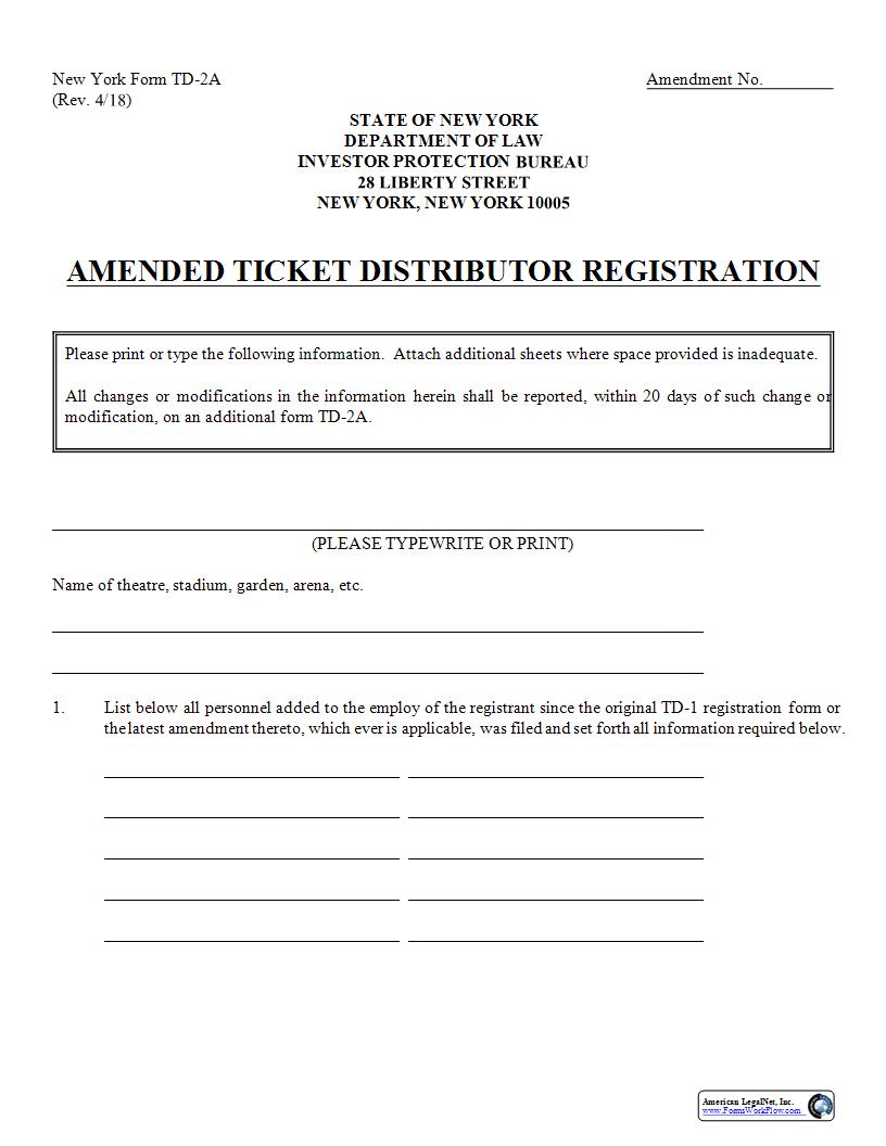 Amended Ticket Distributor Registration {TD-2A} | Pdf Fpdf Docx | New York