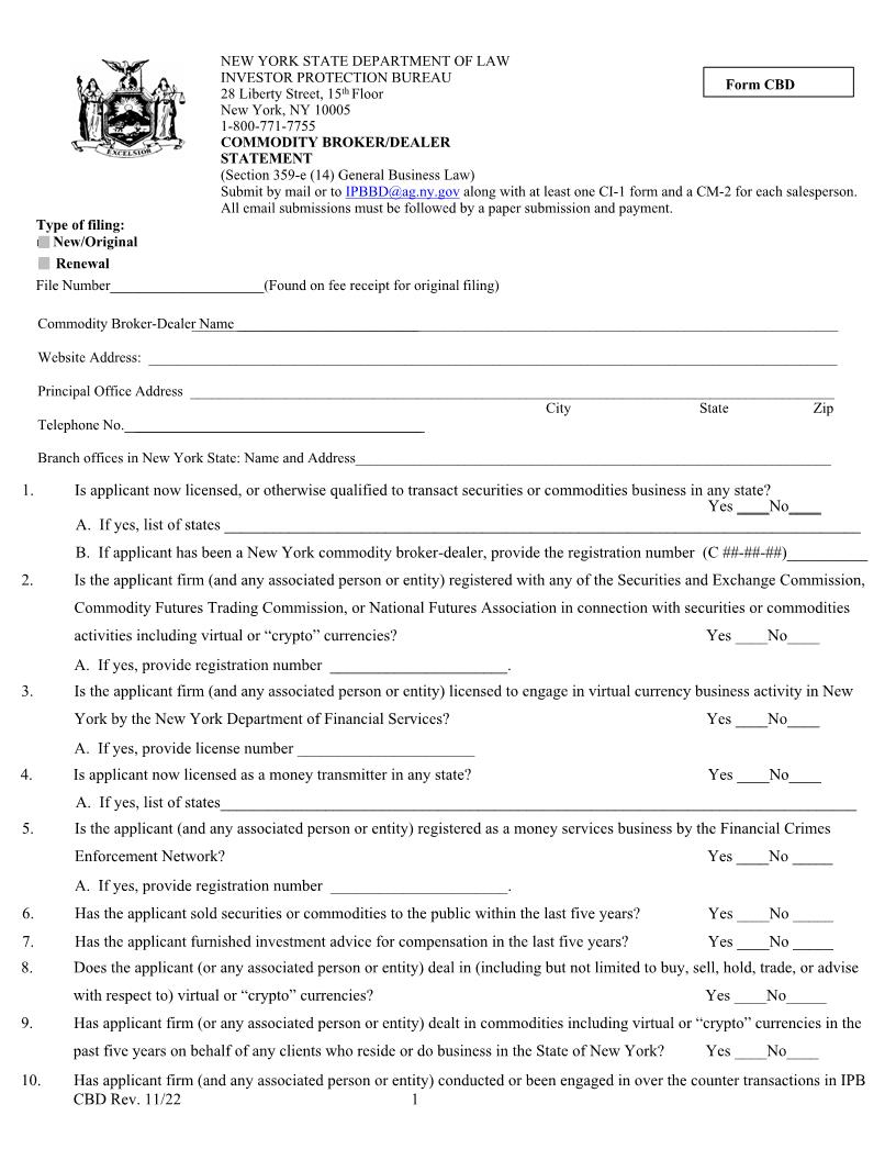 Commodity Broker-Dealer Statement {CBD} | Pdf Fpdf Docx | New York