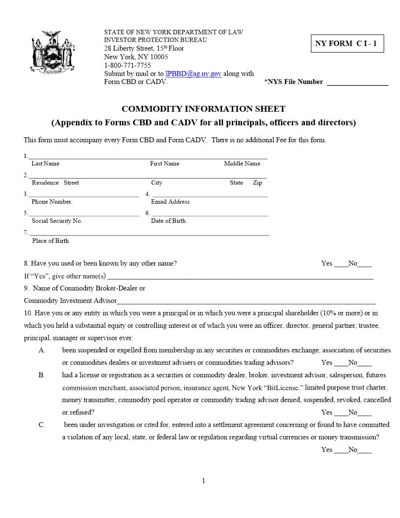 Commodity Information Sheet {CI-1} | Pdf Fpdf Doc Docx | New York