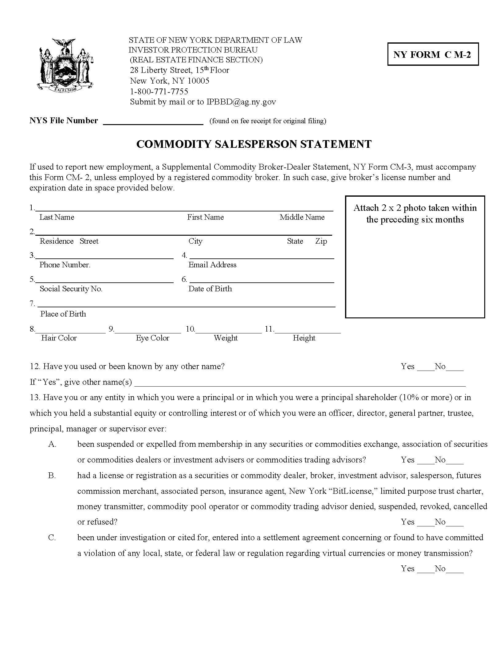 Commodity Salesperson Statement {CM-2} | Pdf Fpdf Docx | New York