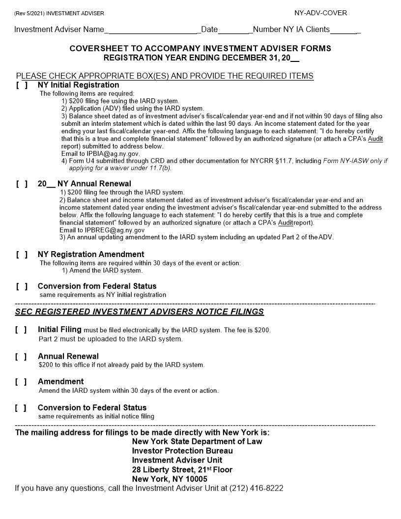 Coversheet To Accompany Investment Advisor Forms {NY-ADV-COVER} | Pdf Fpdf Docx | New York