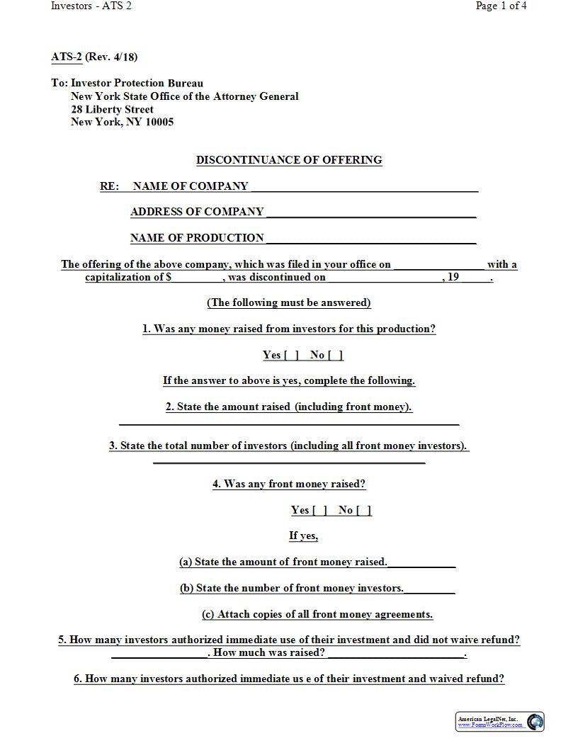 Discontinuance Of Offering {ATS-2-4-6} | Pdf Fpdf Docx | New York