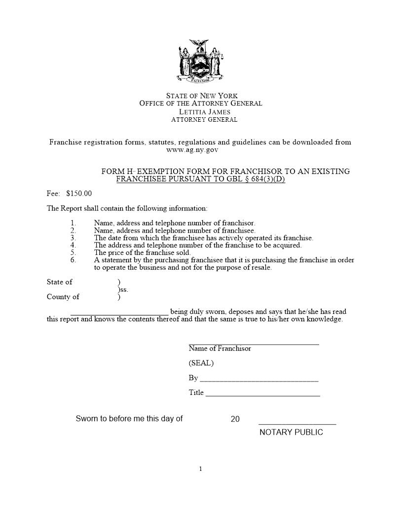 Exemption For Franchisor To Existing Franchisee Pursuant To GBL 684(3)(D) {Form H} | Pdf Fpdf Doc Docx | New York