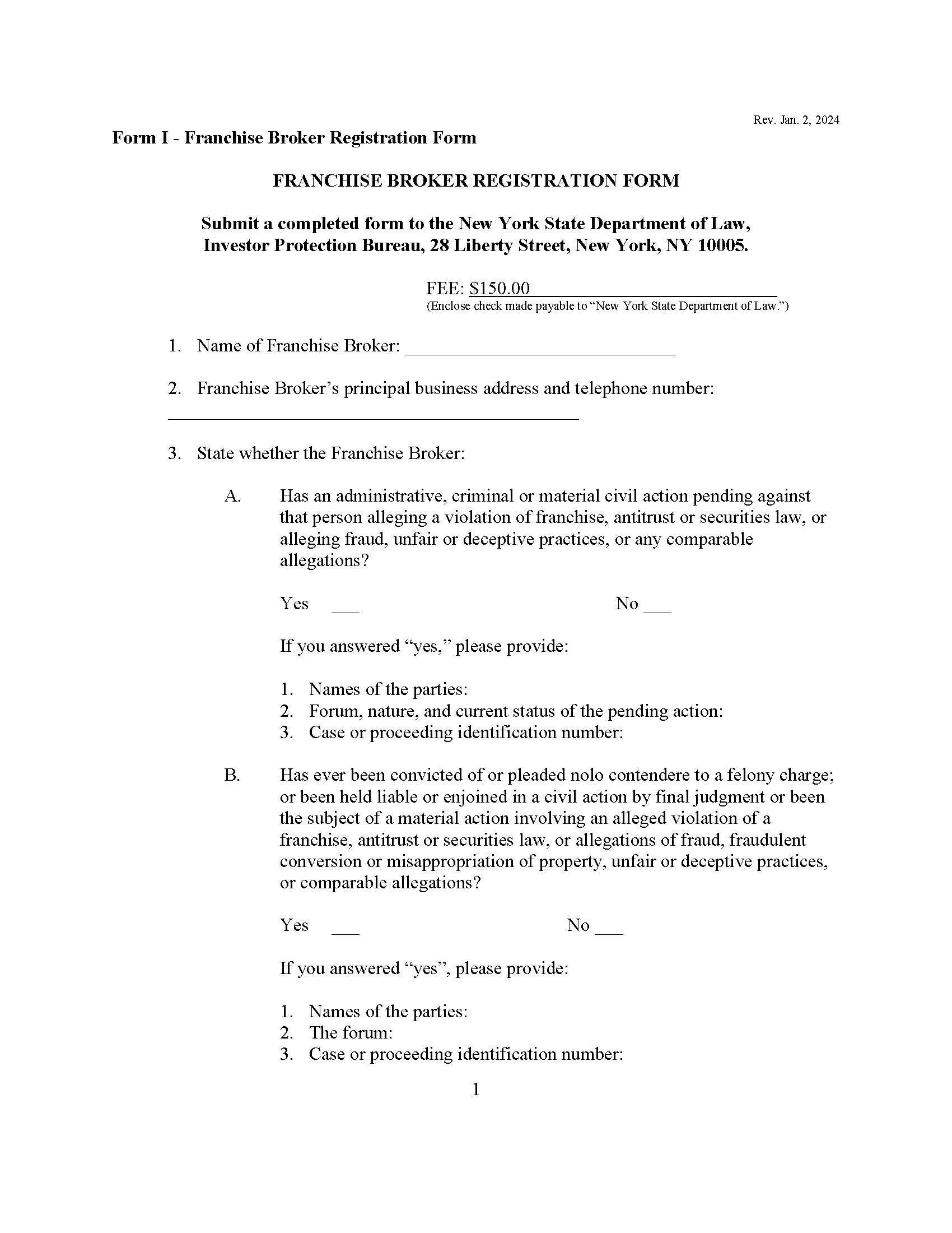 Franchise Broker Registration Form {Form I} | Pdf Fpdf Docx | New York