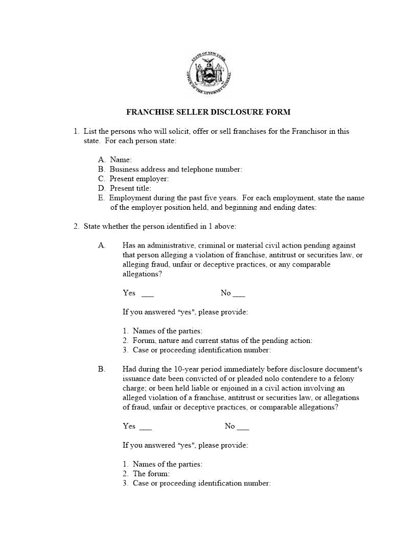 Franchise Seller Disclosure Form {Form D} | Pdf Fpdf Doc Docx | New York