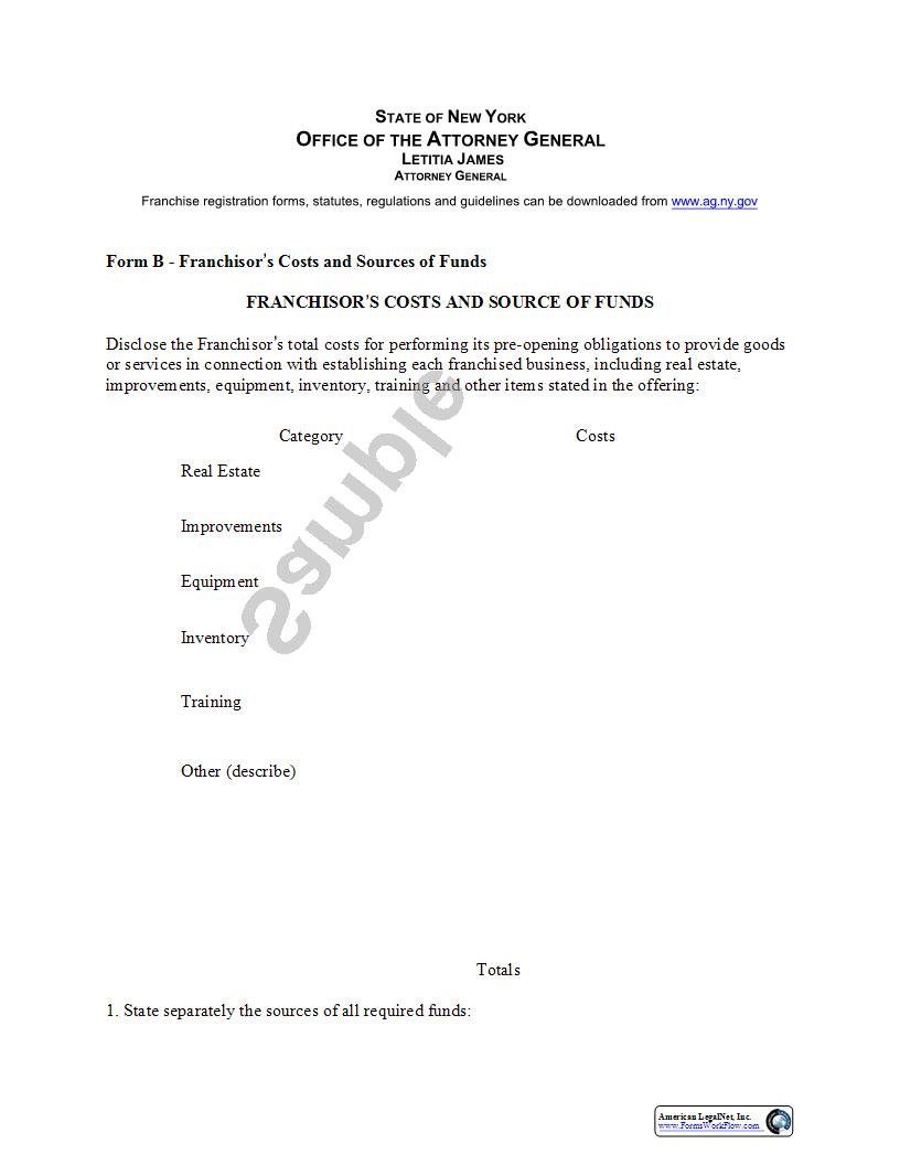 Franchisors Costs And Sources Of Funds {Form B} | Pdf Fpdf Docx | New York