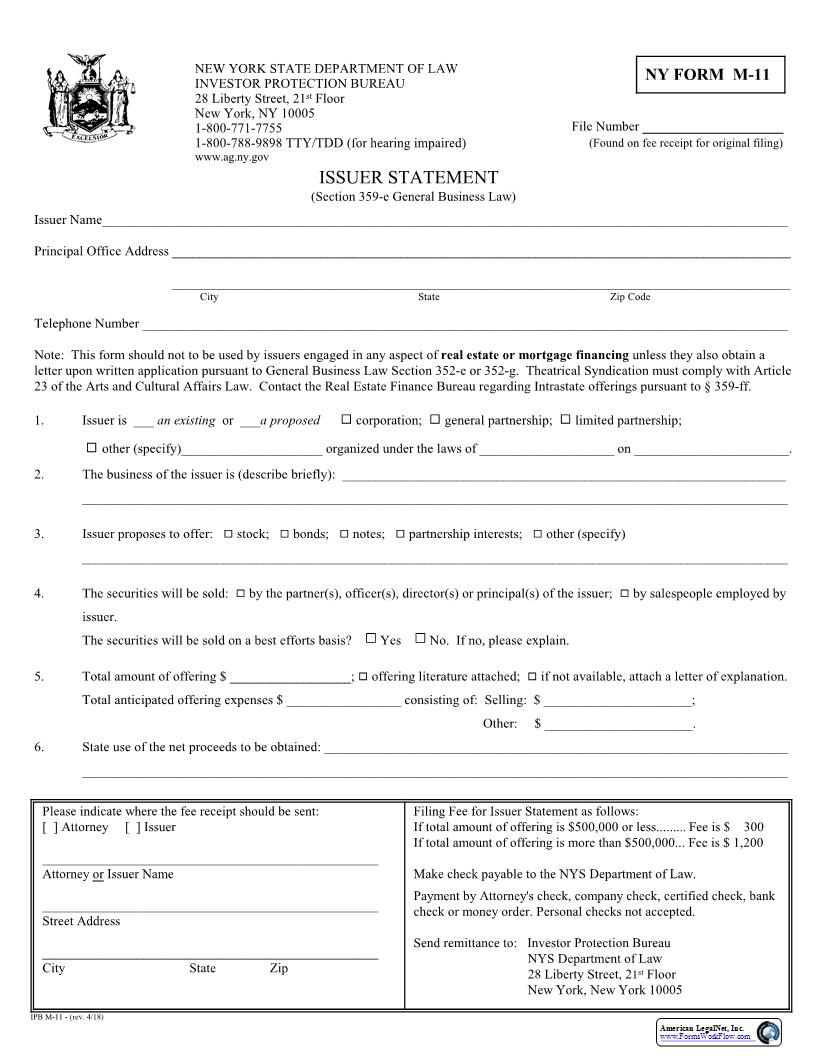 Issuer Statement {M-11} | Pdf Fpdf Docx | New York