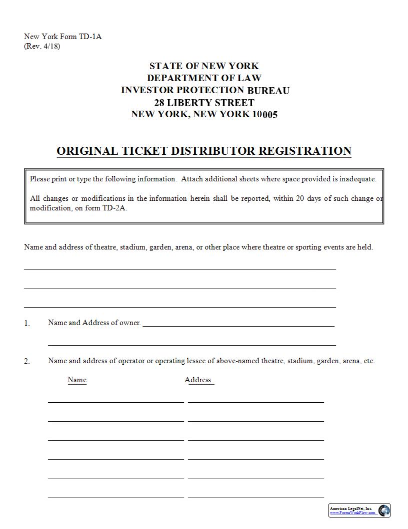 Original Ticket Distributor Registration {TD-1A} | Pdf Fpdf Docx | New York