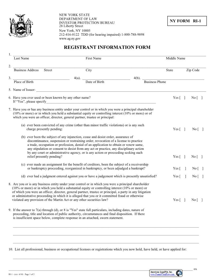 Registrant Information Form {RI-1} | Pdf Fpdf Docx | New York