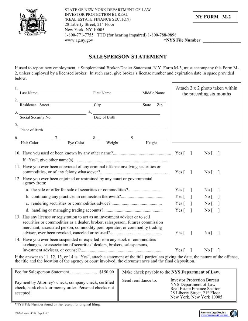 Salesperson Statement {M-2} | Pdf Fpdf Docx | New York