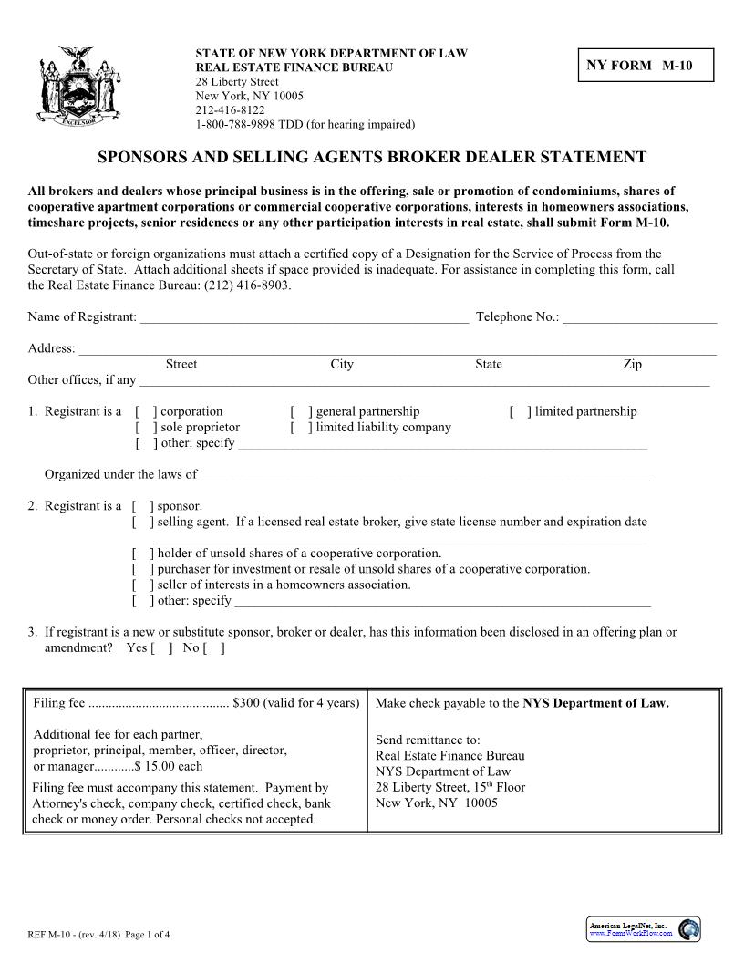 Sponsors And Selling Agents Broker Dealer Statement {M-10} | Pdf Fpdf Docx | New York