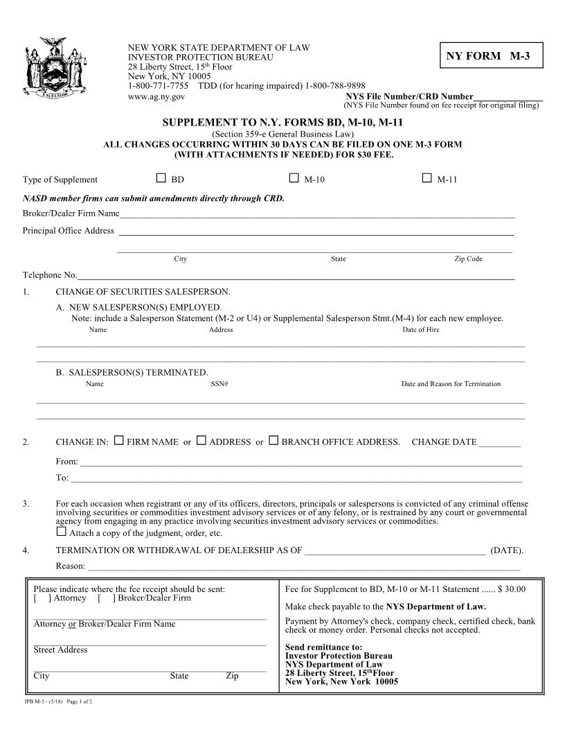 Supplement To NY Forms BD M-10 M-11 {M-3} | Pdf Fpdf Docx | New York