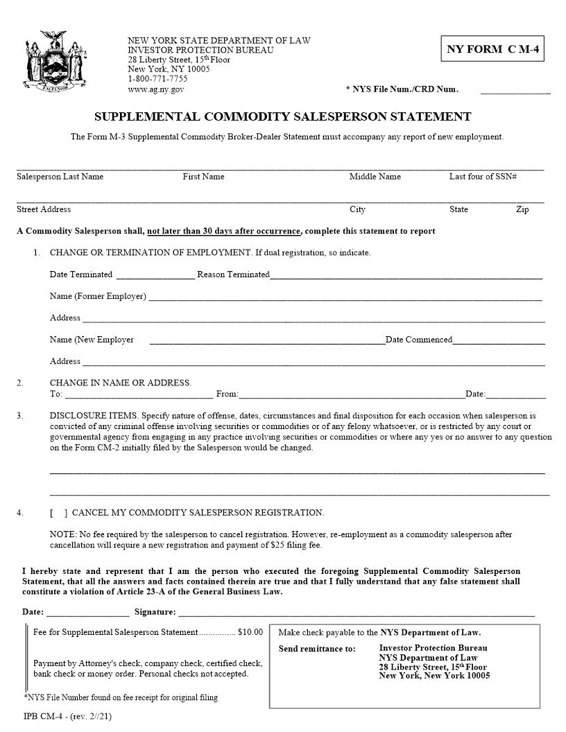 Supplemental Commodity Salesperson {CM-4} | Pdf Fpdf Docx | New York