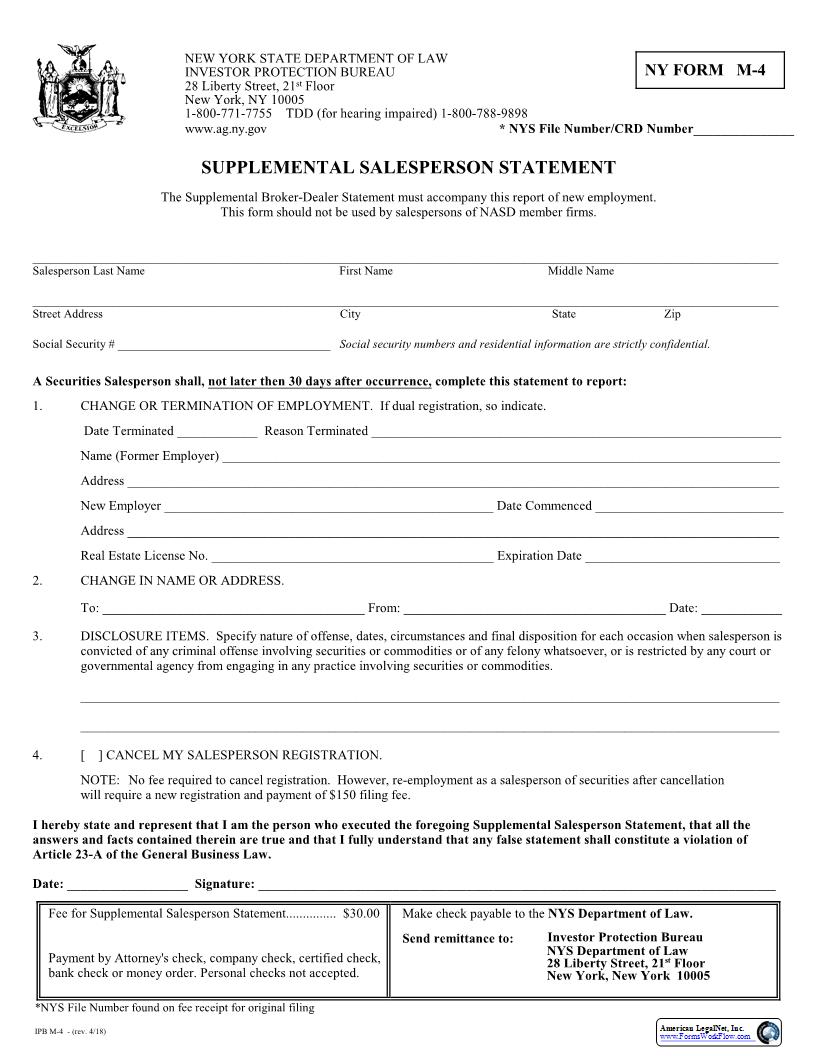 Supplemental Salesperson Statement {M-4} | Pdf Fpdf Docx | New York