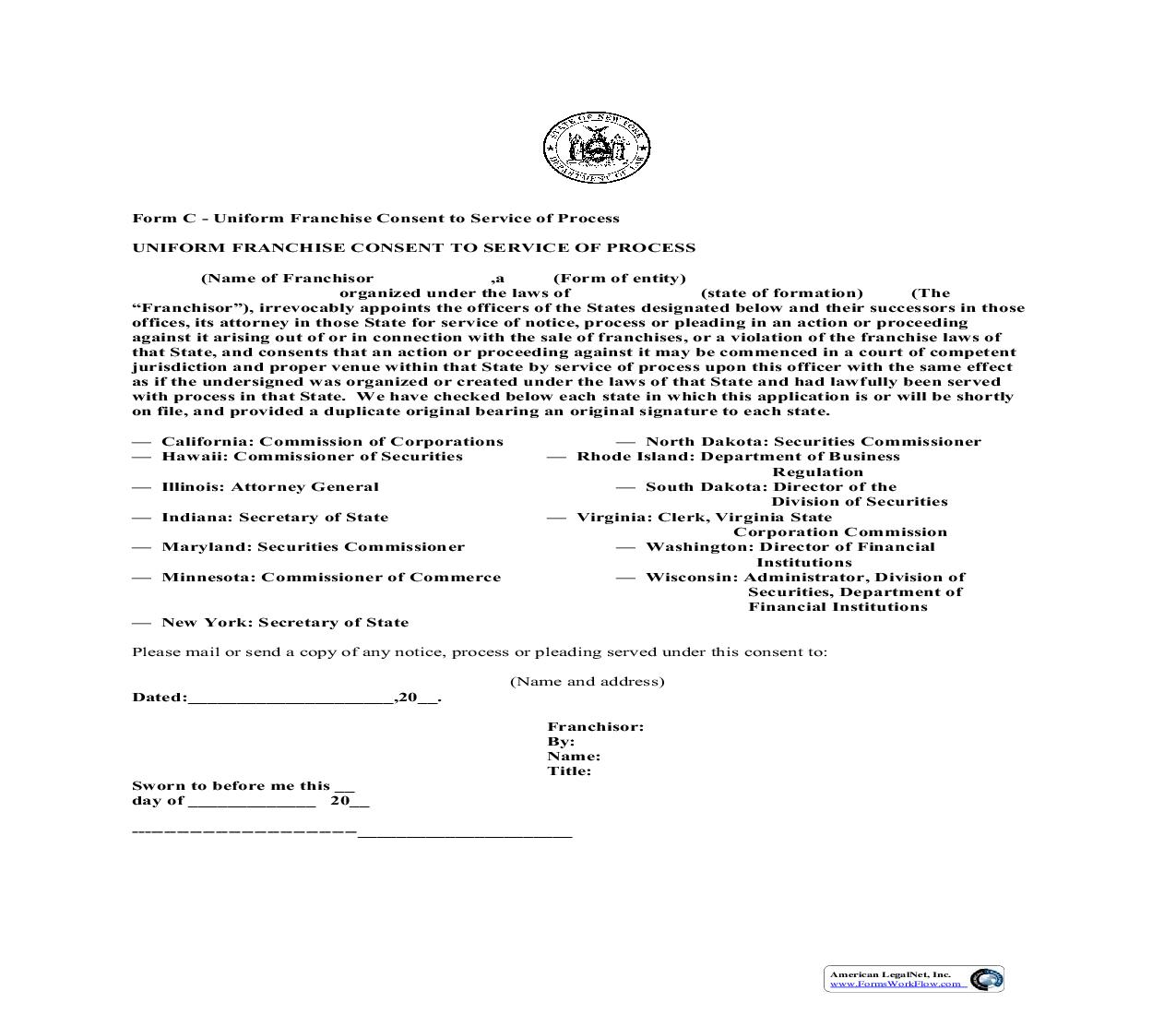 Uniform Franchise Consent To Service Of Process {Form C} | Pdf Fpdf Doc Docx | New York