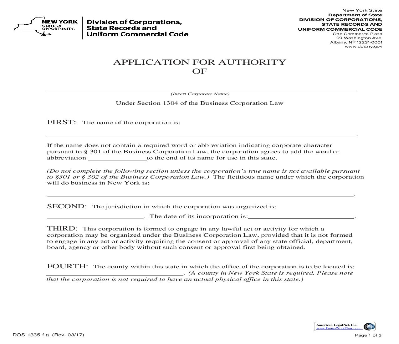 Application For Authority (Foreign Corp) {DOS-1335-f-a} | Pdf Fpdf Doc Docx | New York