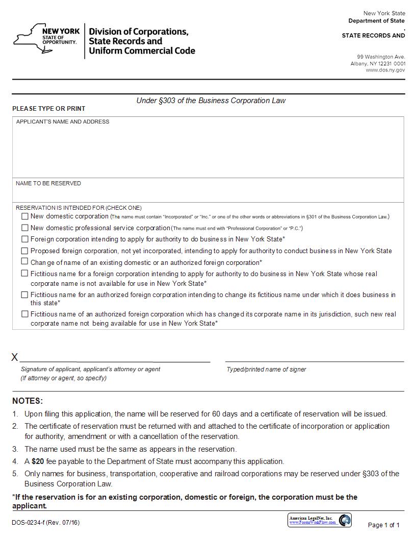 Application For Reservation Of Name Corporation {DOS-0234-f} | Pdf Fpdf Docx | New York
