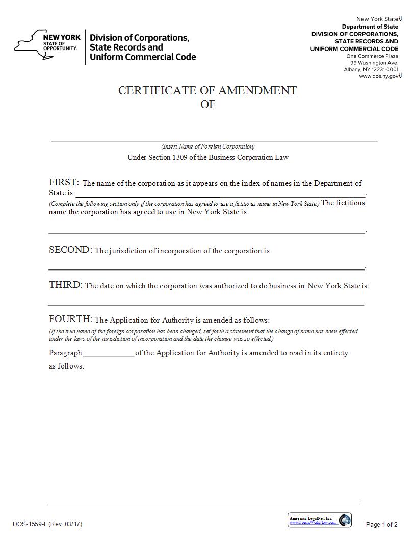 Certificate Of Amendment Foreign Corporation {DOS-1559-f} | Pdf Fpdf Docx | New York