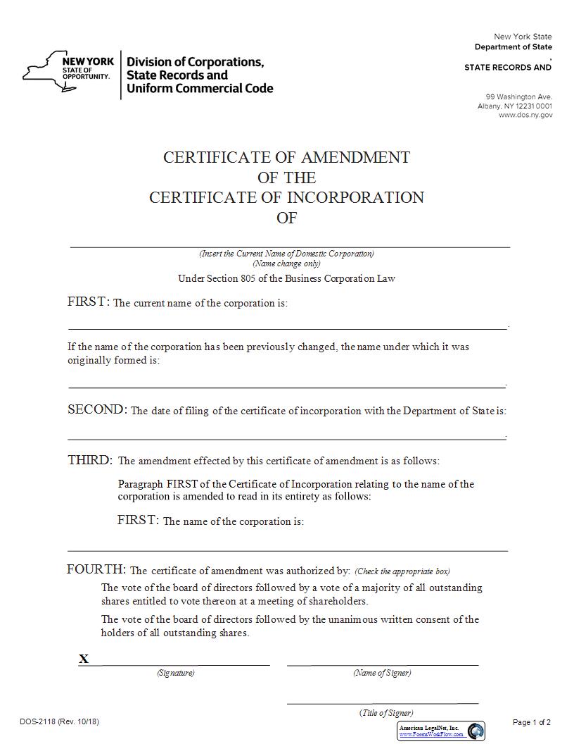 Certificate Of Amendment Of Certificate Of Inc Dom Corp Name Only {DOS-2118} | Pdf Fpdf Docx | New York
