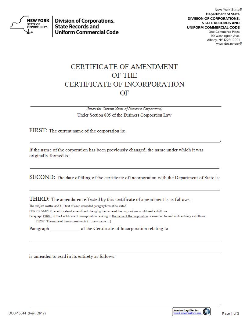 Certificate Of Amendment Of Certificate Of Incorporation Domestic {DOS-1554-f} | Pdf Fpdf Docx | New York