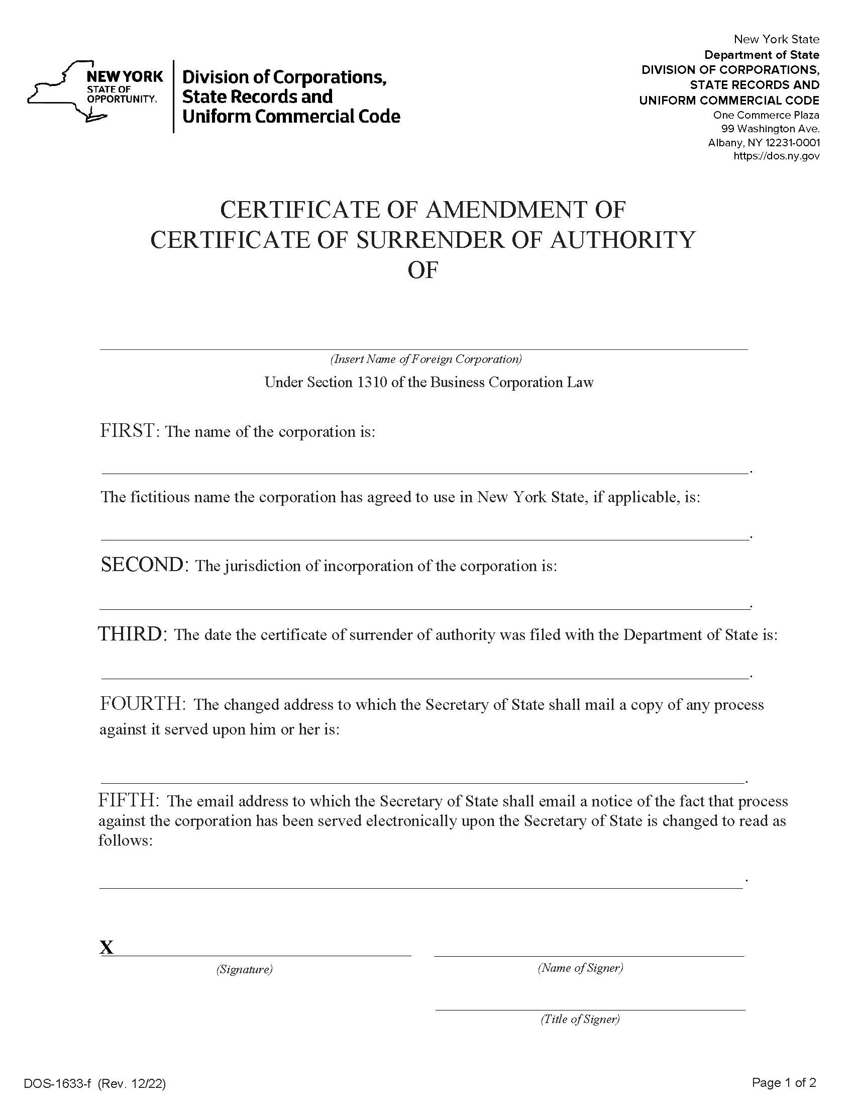 Certificate Of Amendment Of Certificate Of Surrender Of Authority {DOS-1633-f} | Pdf Fpdf Docx | New York