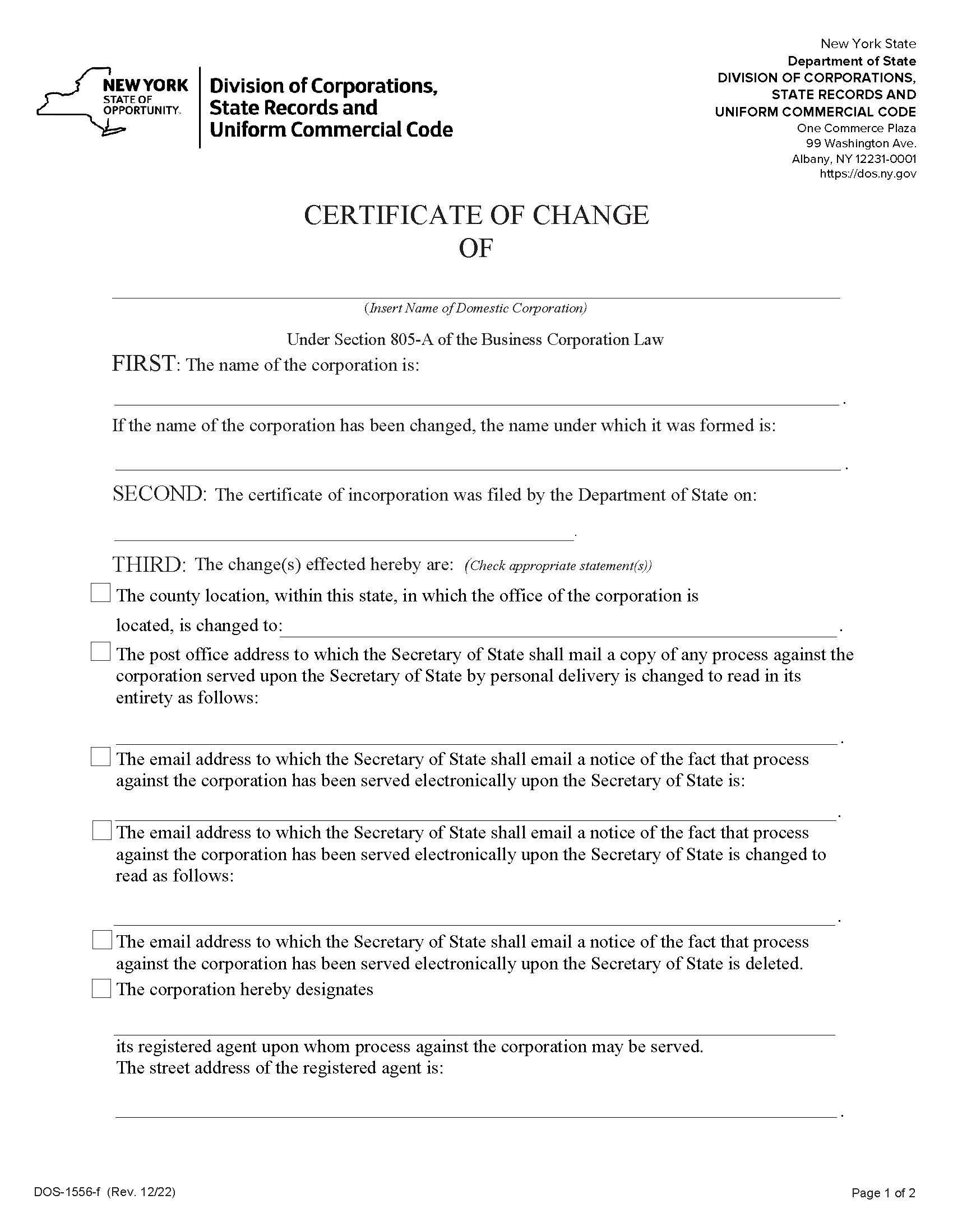 Certificate Of Change Domestic Corporation {DOS-1556-f} | Pdf Fpdf Docx | New York