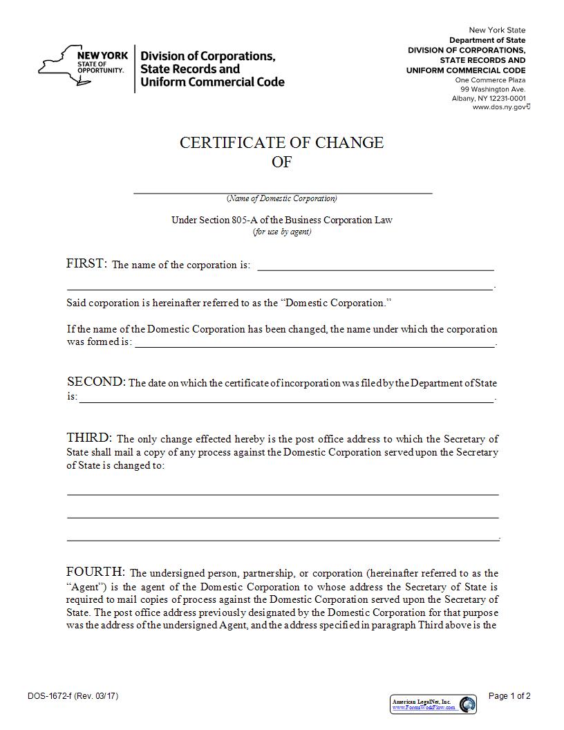 Certificate Of Change Domestic Corporation For Use By Agent {DOS-1672-f} | Pdf Fpdf Docx | New York