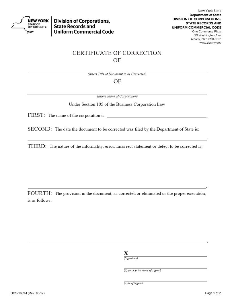 Certificate Of Correction {DOS-1639-f} | Pdf Fpdf Docx | New York