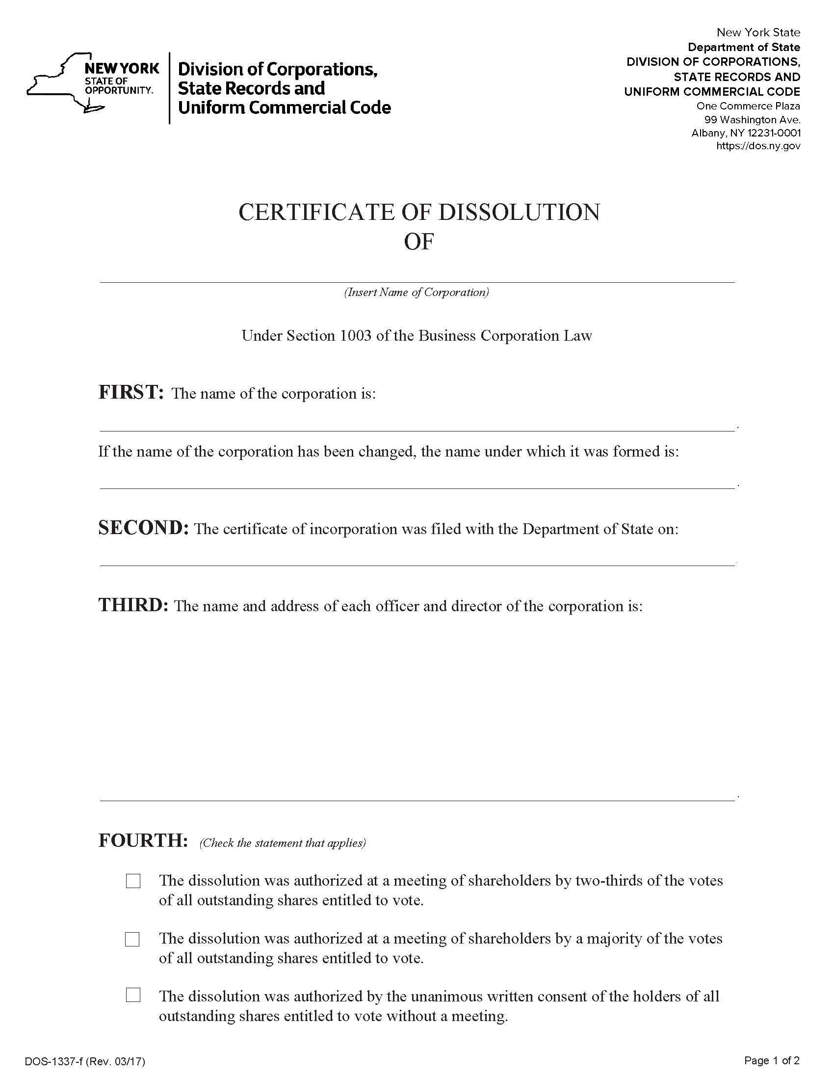 Certificate Of Dissolution {DOS-1337-f} | Pdf Fpdf Docx | New York