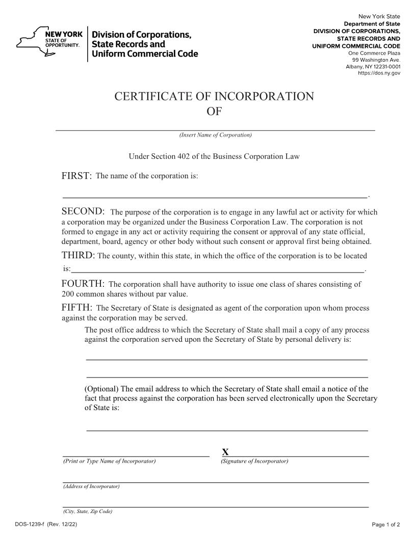Certificate Of Incorporation {DOS-1239-f} | Pdf Fpdf Docx | New York