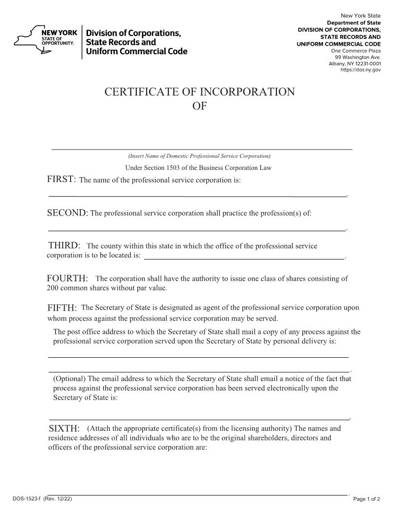 Certificate Of Incorporation Domestic Professional Service Corporation {DOS-1523-f} | Pdf Fpdf Docx | New York